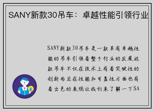 SANY新款30吊车：卓越性能引领行业