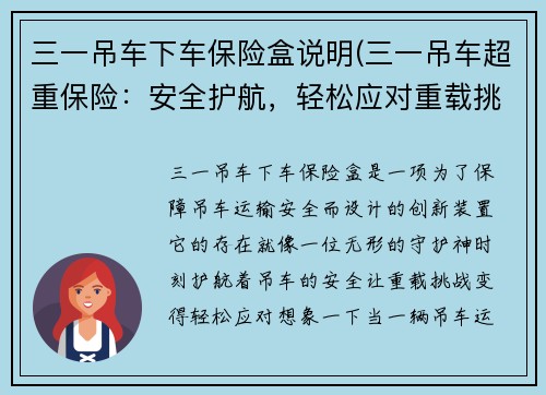 三一吊车下车保险盒说明(三一吊车超重保险：安全护航，轻松应对重载挑战)