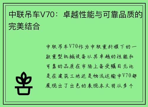 中联吊车V70：卓越性能与可靠品质的完美结合